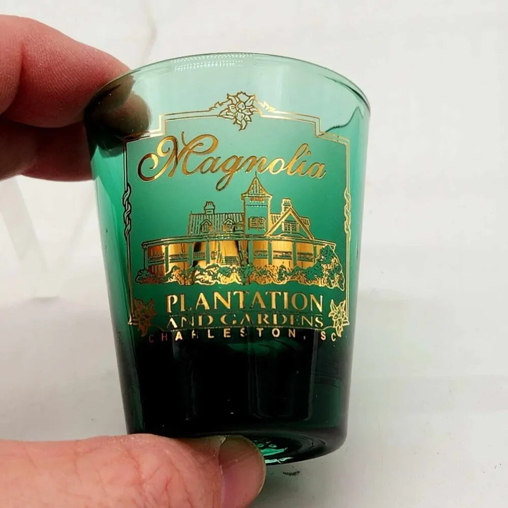 Magnolia Plantation Green & Gold Shot Glass Charleston SC Collectible Souvenir